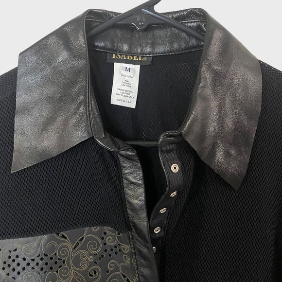 Isabel Leather & Mesh Button-Up Blouse Womens Medium Black Abstract Panel Top - Picture 5 of 14